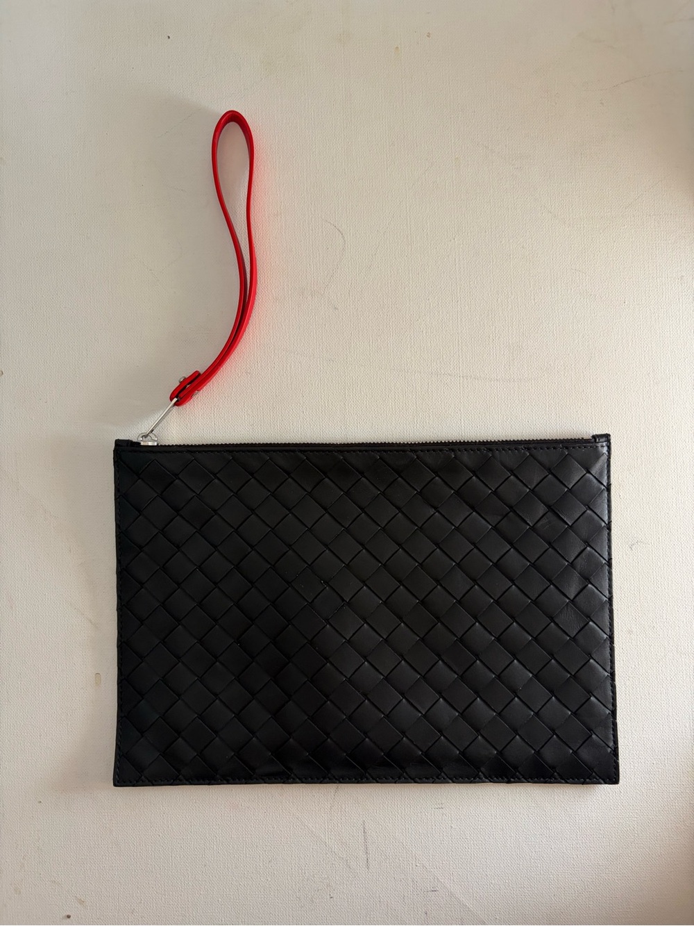 Bottega Black Woven Leather Wristlet Pouch with Red Strap